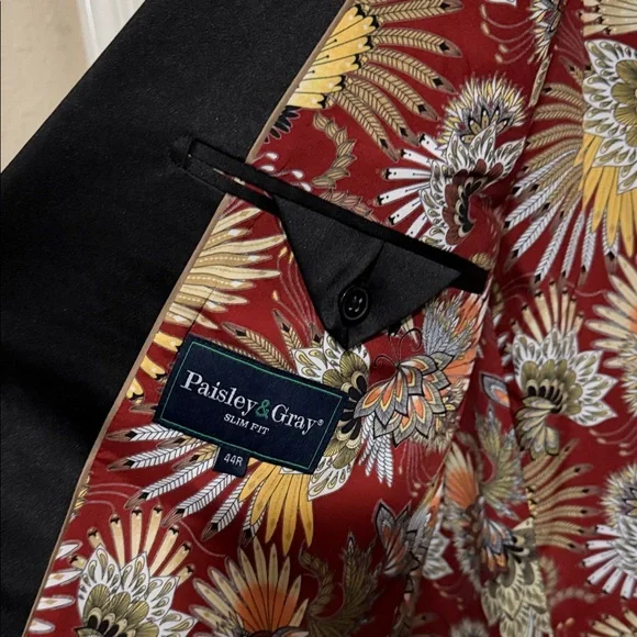 Paisley & Gray Black Textured Evening Blazer with Floral Red and Yellow Lining - Picture 6 of 8